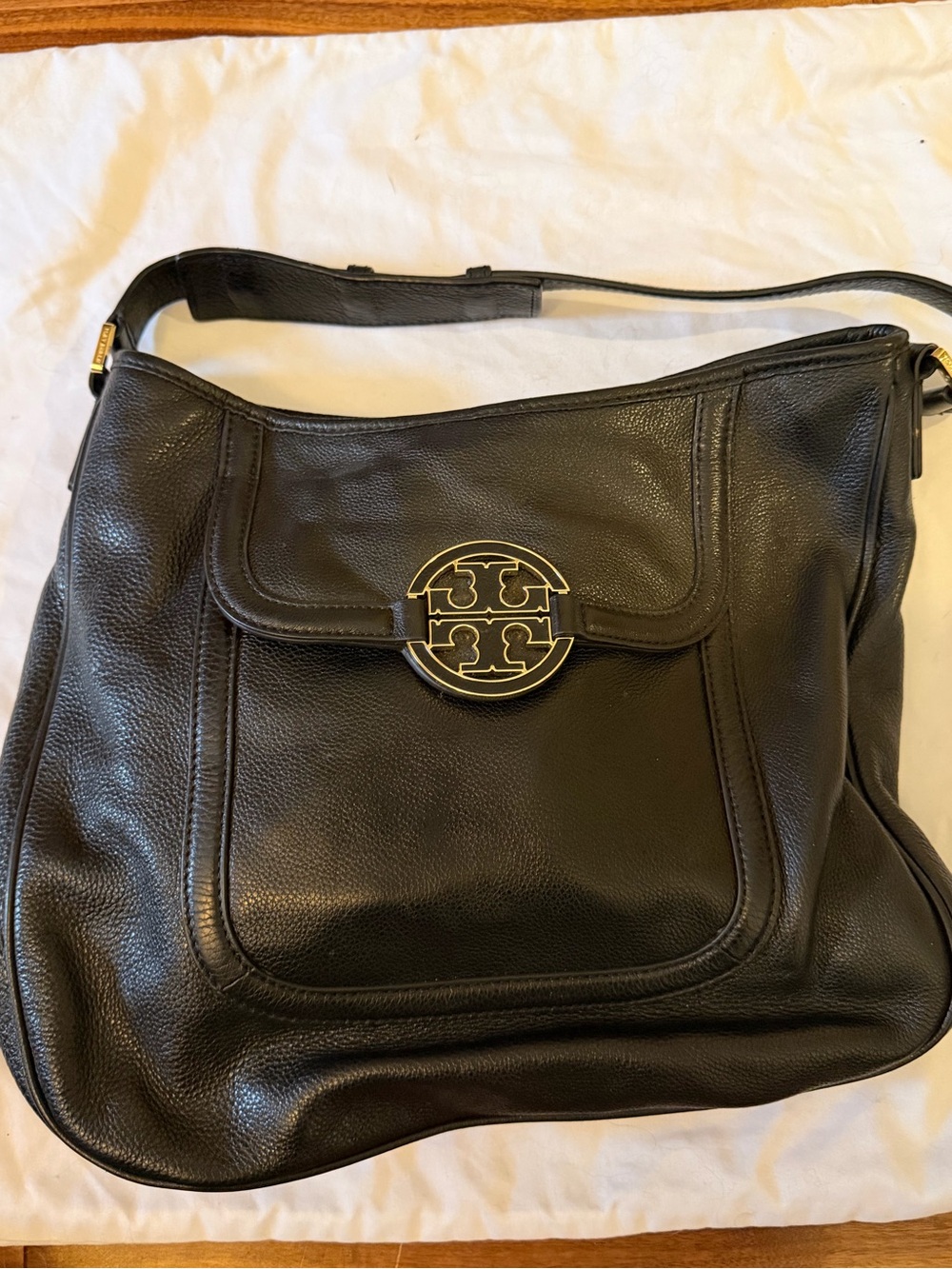 Tory Burch Black Amanda Leather Tote with Gold Logo Accents